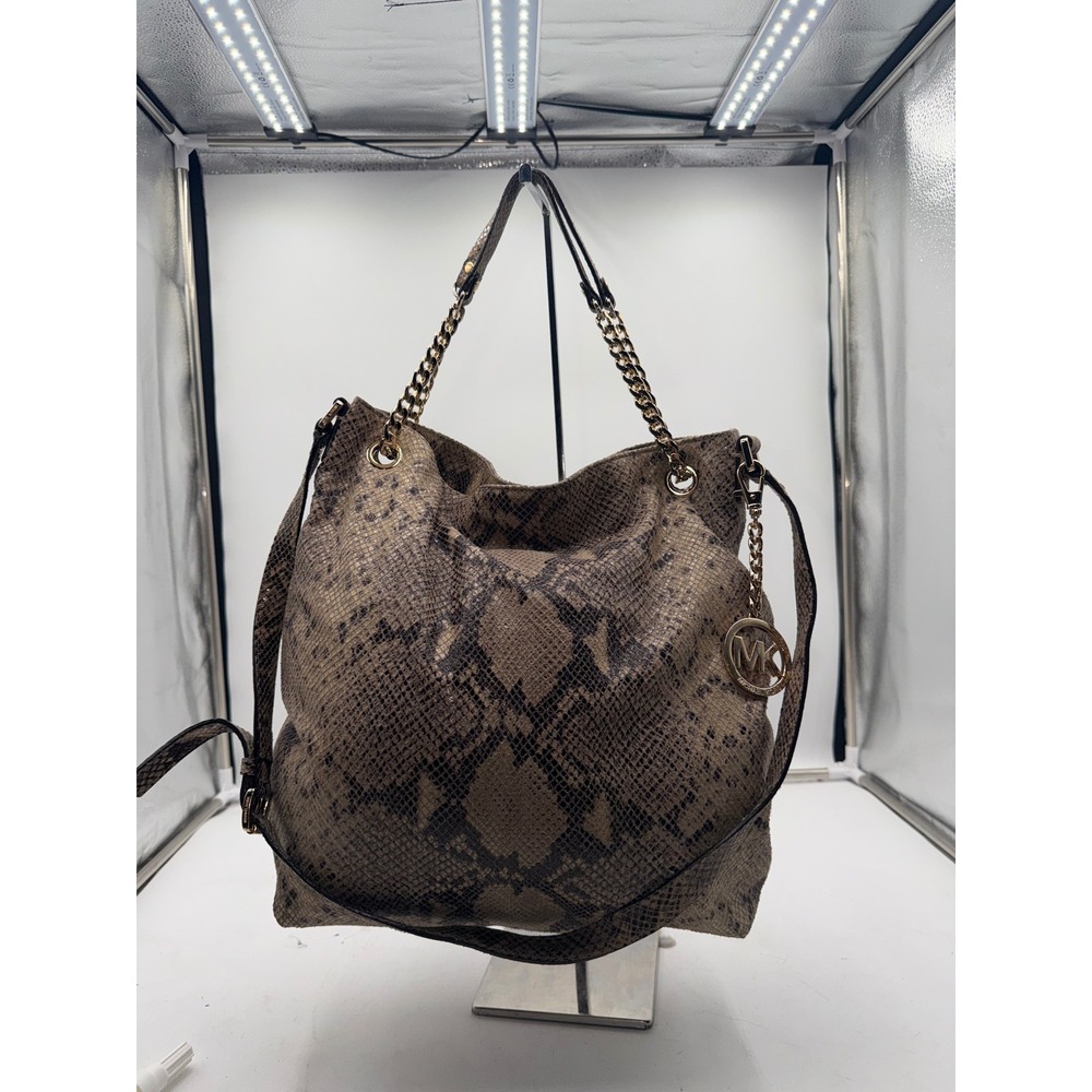 Michael Kors Snakeskin Embossed Leather Hobo Bag Brown Gold Hardware Crossbody